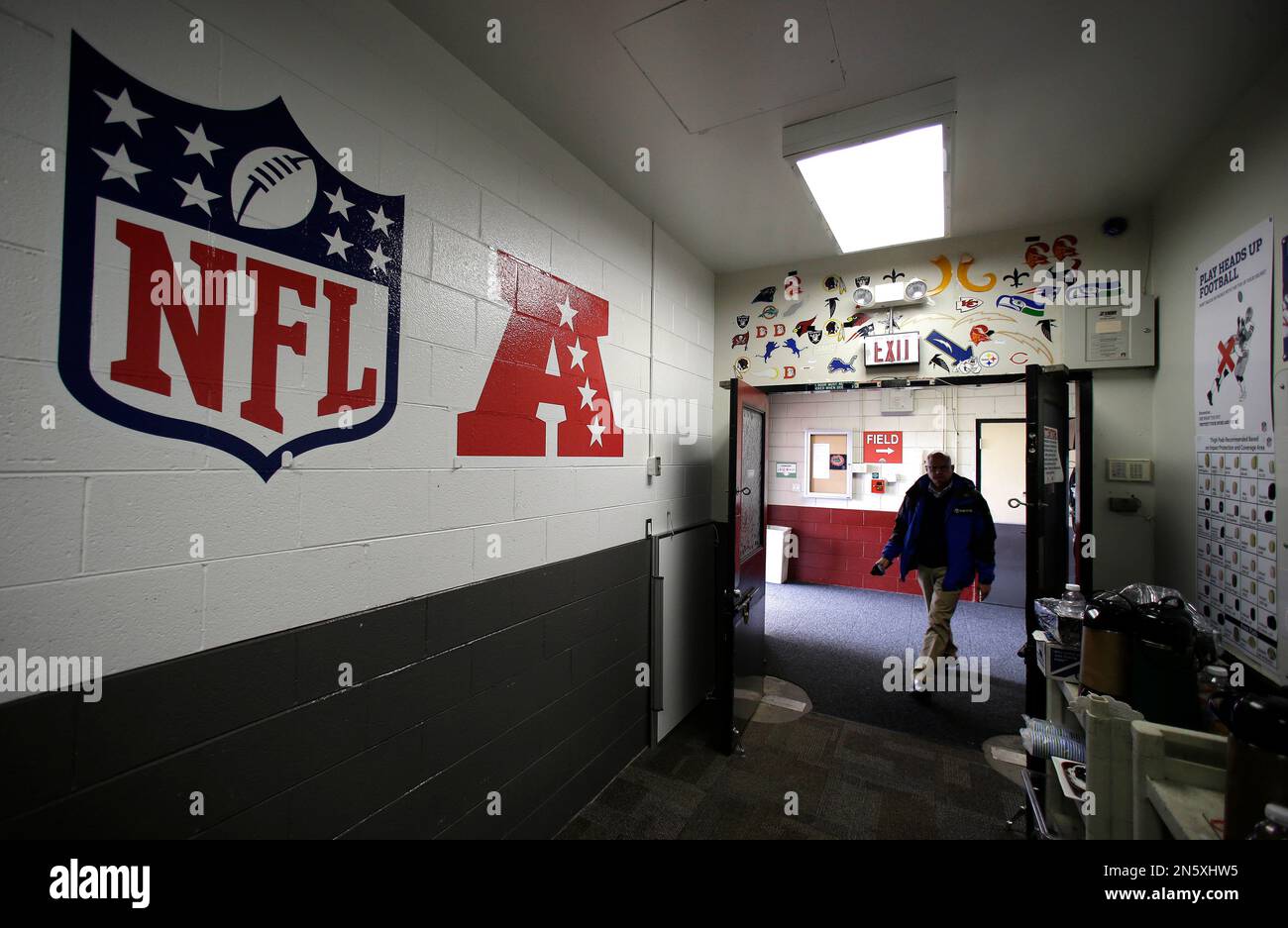 In this photo taken Tuesday, Dec. 17, 2013, a reporter makes his way into  the visitor's locker room during a tour at Candlestick Park in San Francisco.  The San Francisco 49ers are