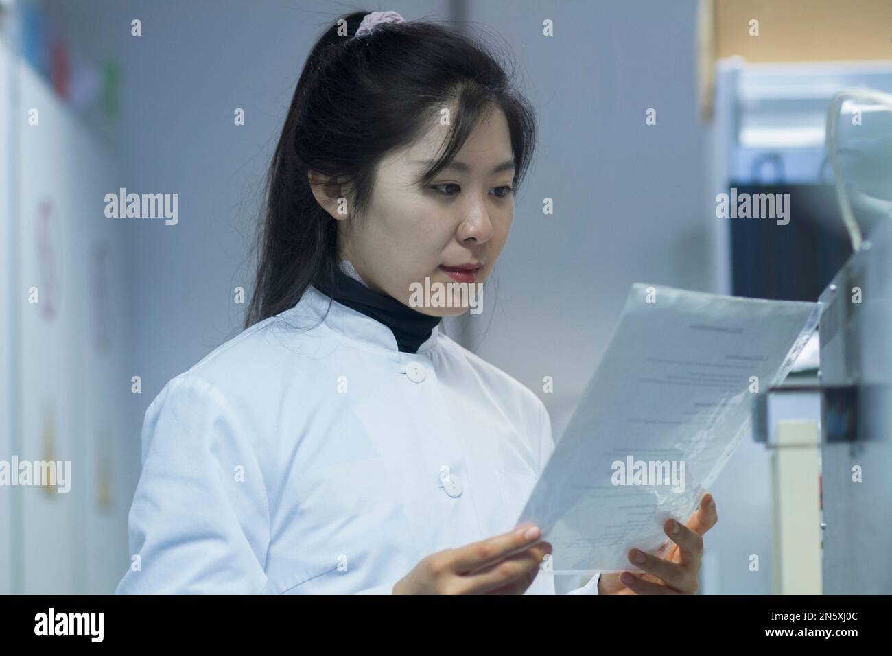 Young female scientist looking at report in a laboratory, Freiburg im Breisgau, Baden-Württemberg, Germany Stock Photo