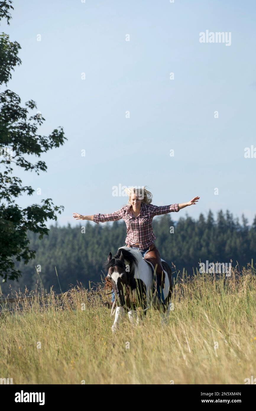 Mid adult woman riding galloping horse without holding reins in the farm, Bavaria, Germany Stock