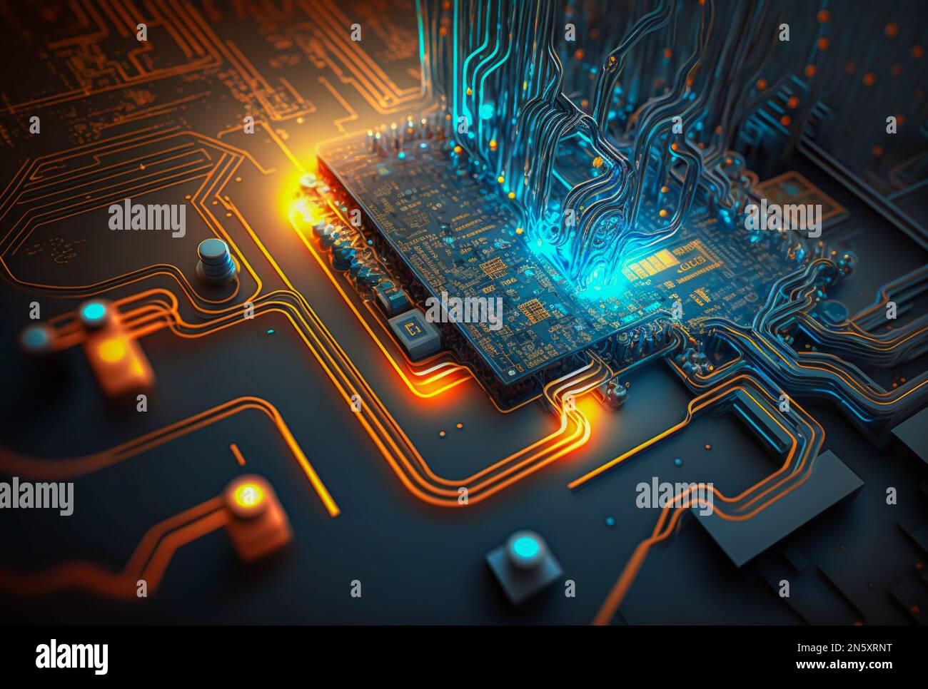 illustration of a futuristic digital landscape, symbolized by an abstract circuit design Stock Photo