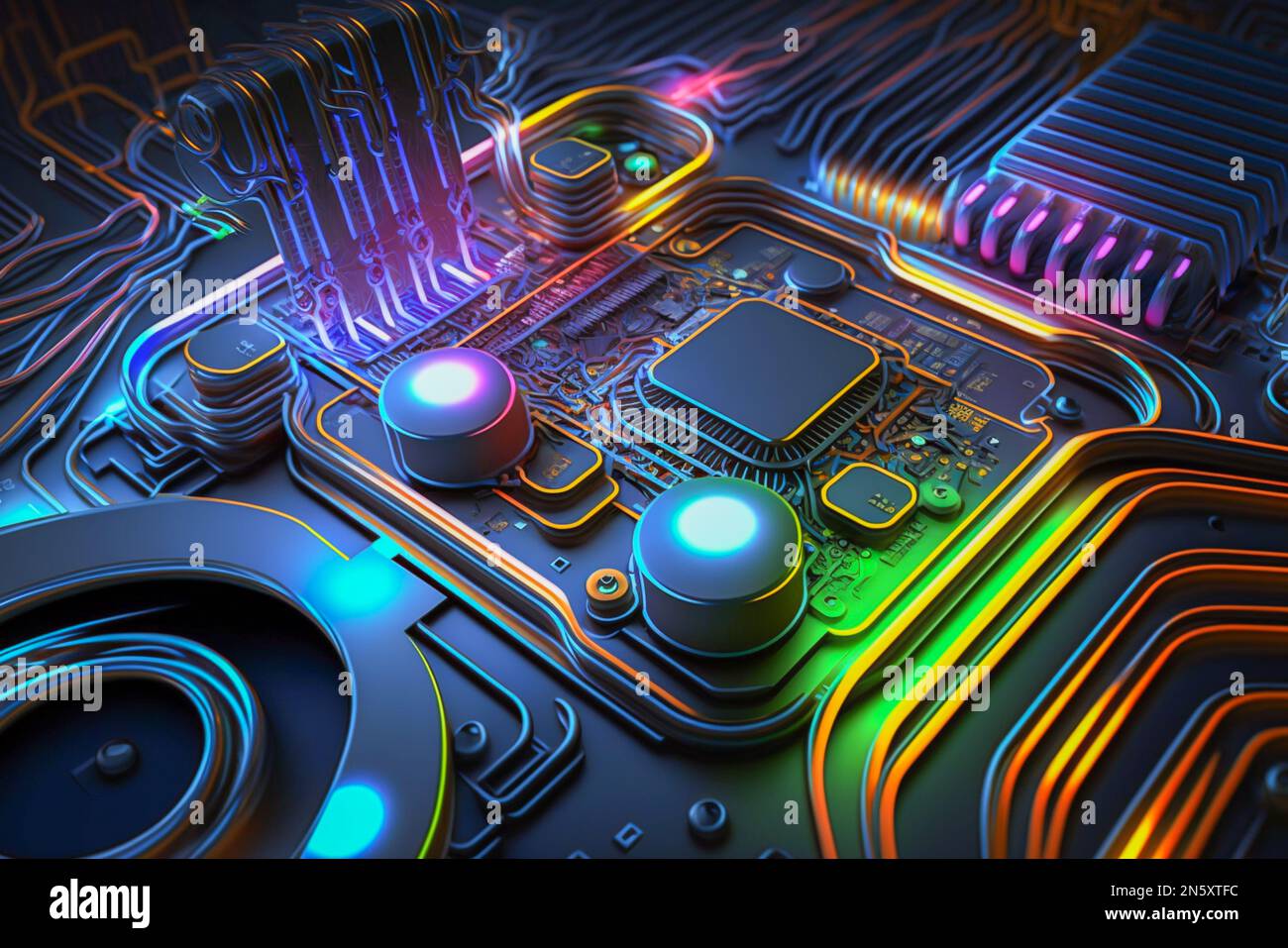 An abstract circuit design symbolizing the limitless world of cyberspace, with a mesmerizing network of lines and shapes Stock Photo