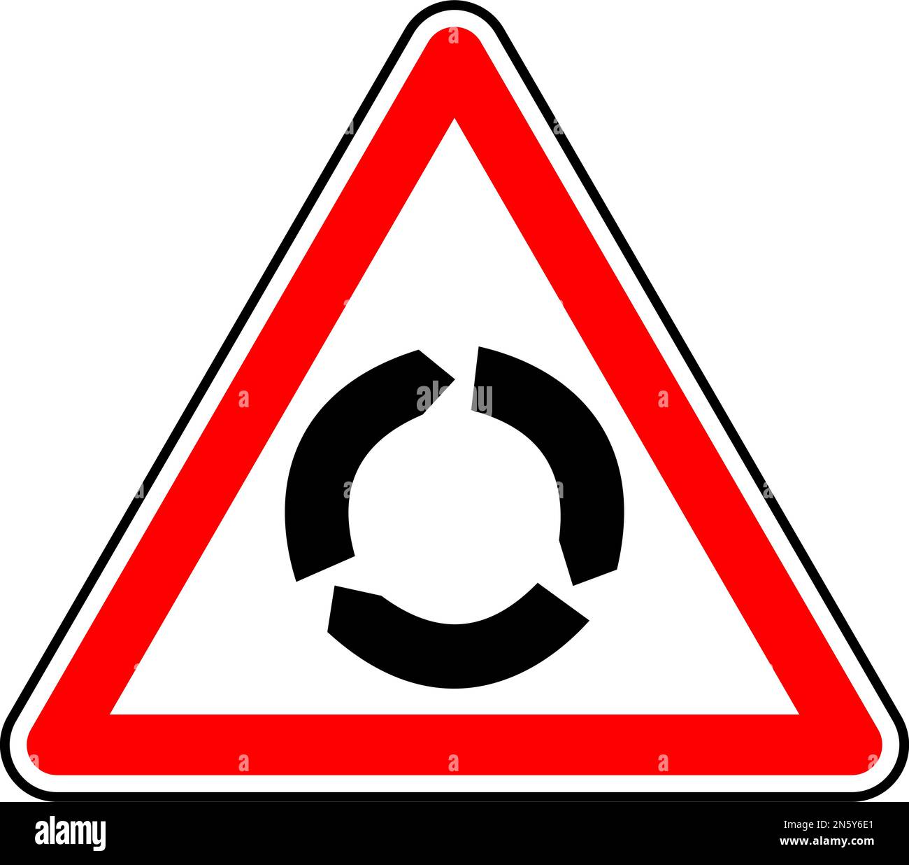 Vector graphic of a uk roundabout road sign. It consists of a depiction of three arrows pointing in a clockwise direction contained within a red trian Stock Vector