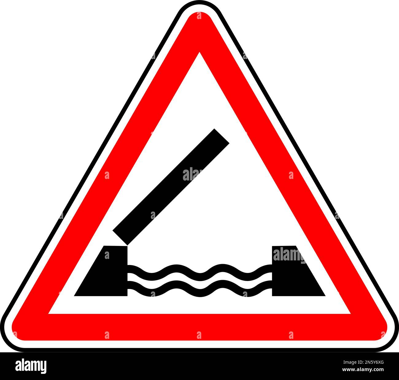 Vector graphic of a uk swing bridge road sign. It consists of a depiction of an open bridge positioned above water contained within a red triangle Stock Vector