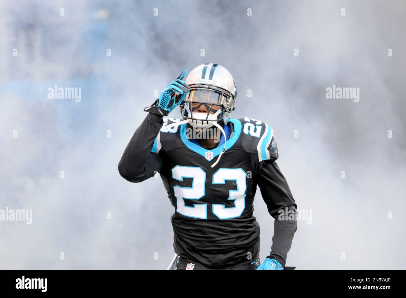 Carolina Panthers cornerback Melvin White (23) runs on the the field during  player introductions before the