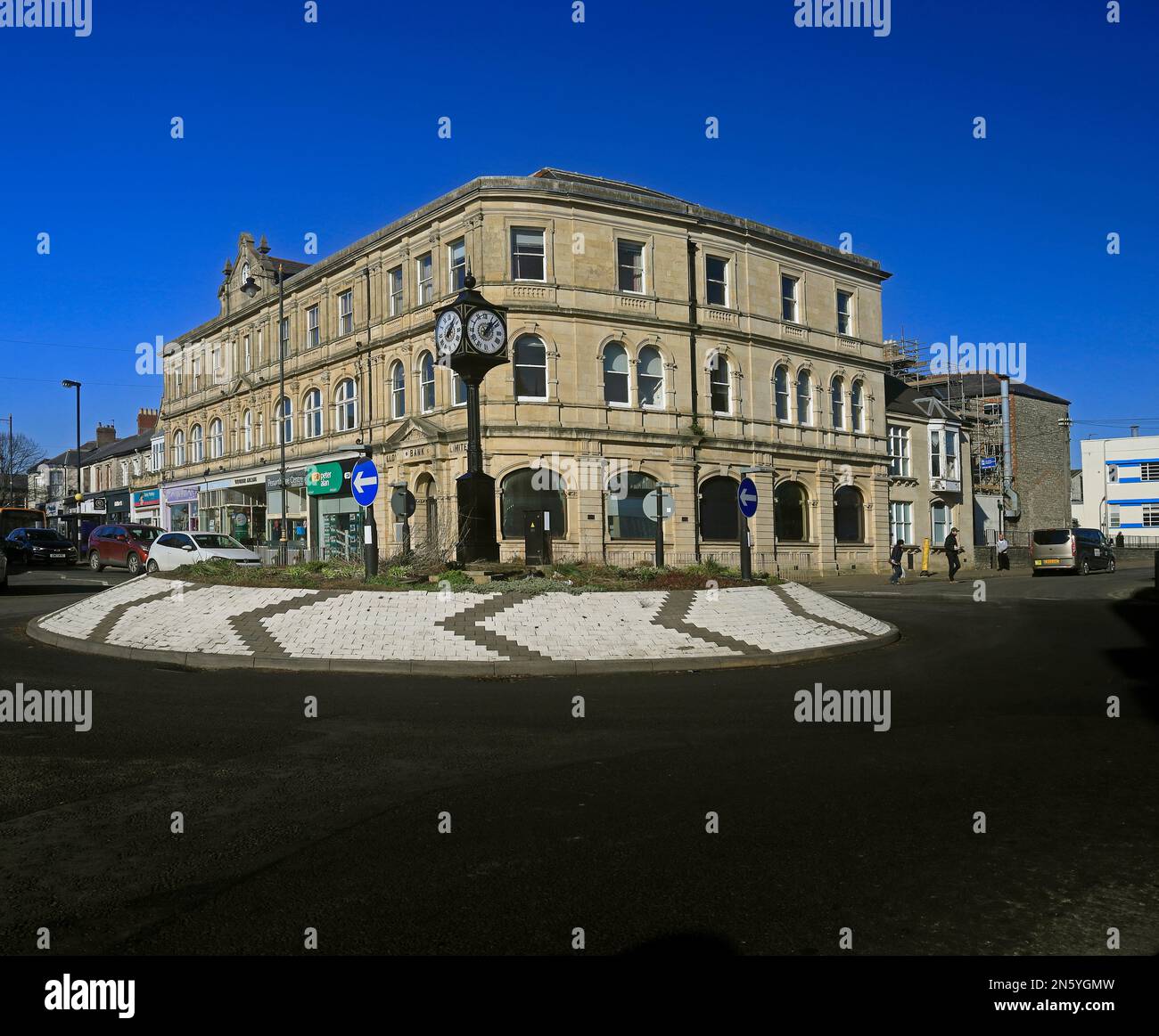 Traffic island with clock, town centre, Penarth, Vale of