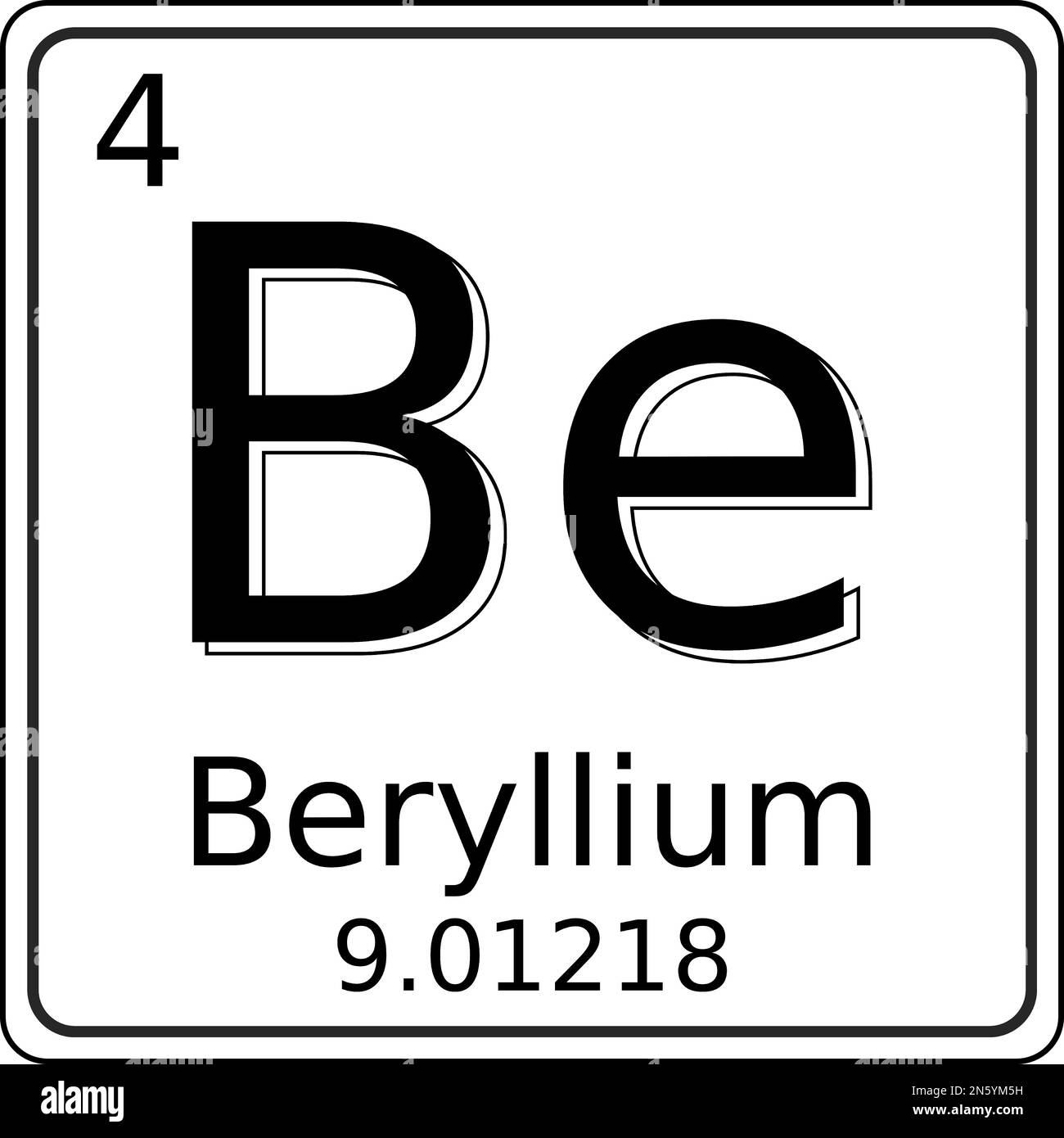 Black and white vector graphic of the symbol of the Beryllium (Be) element on the periodic table of elements. It also contains the atomic number and a Stock Vector