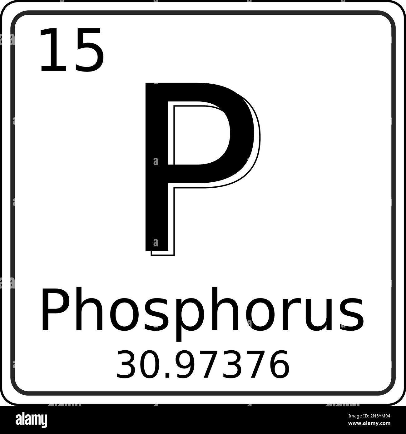 Black and white vector graphic of the symbol of the Phosphorus (P) element on the periodic table of elements. It also contains the atomic number and a Stock Vector