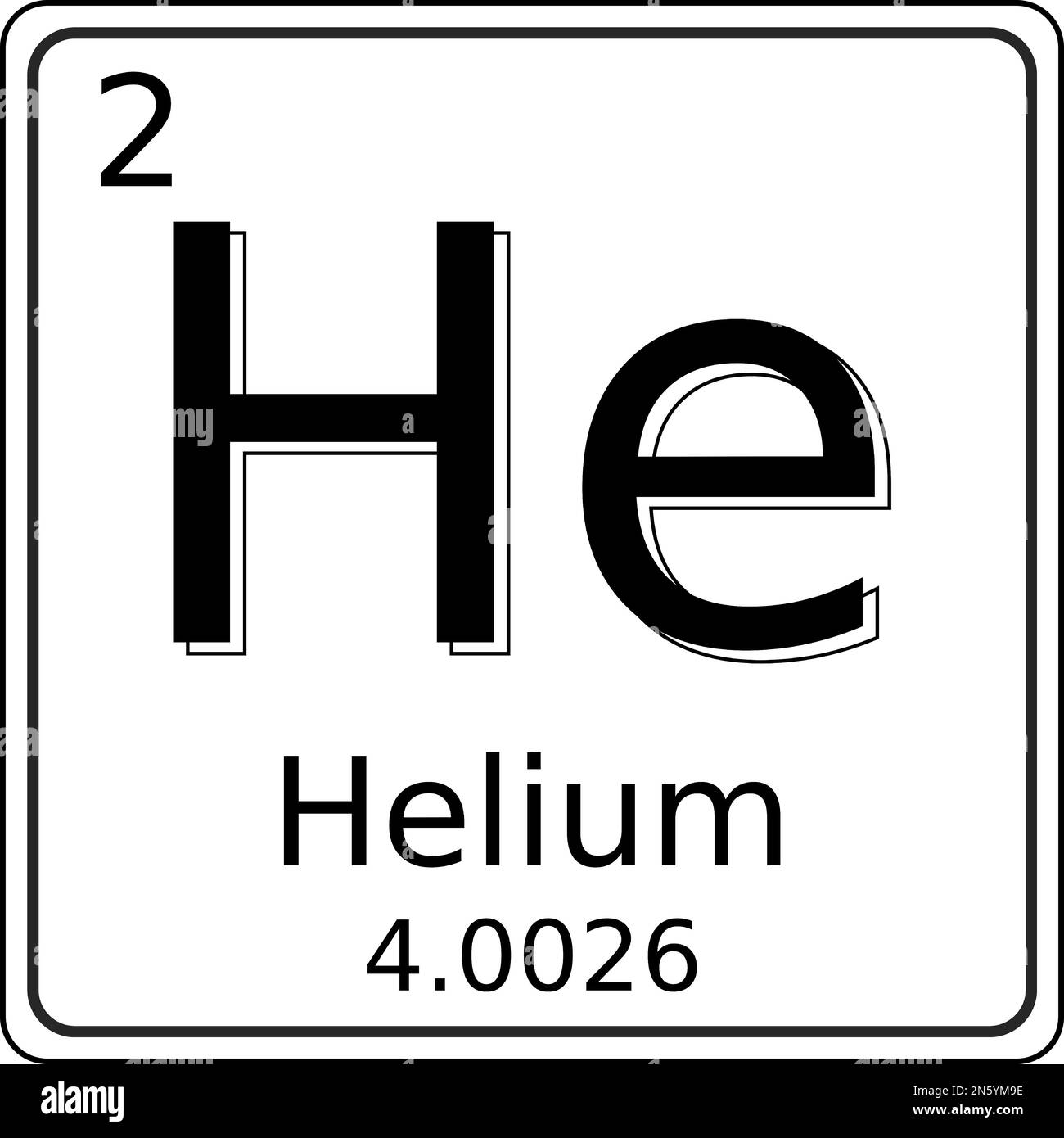 Black and white vector graphic of the symbol of the Helium (He) element on the periodic table of elements. It also contains the atomic number and atom Stock Vector