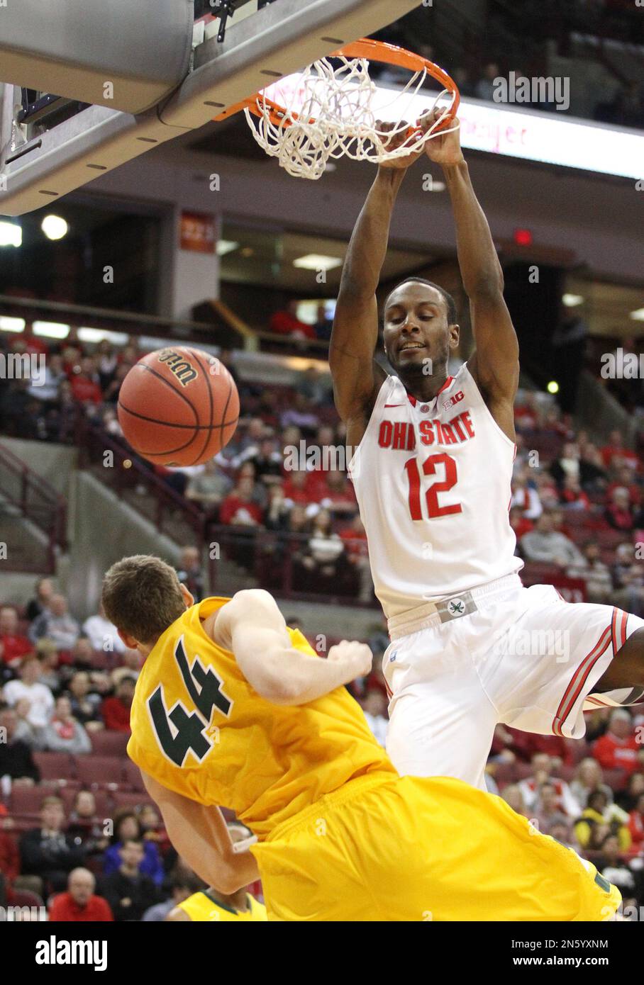 Ohio State's Sam Thompson (12) dunks over North Dakota State's Jordan