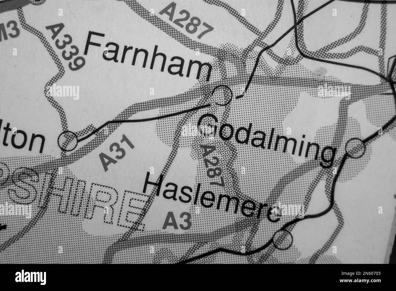 Godalming, United Kingdom atlas map town name black and white Stock