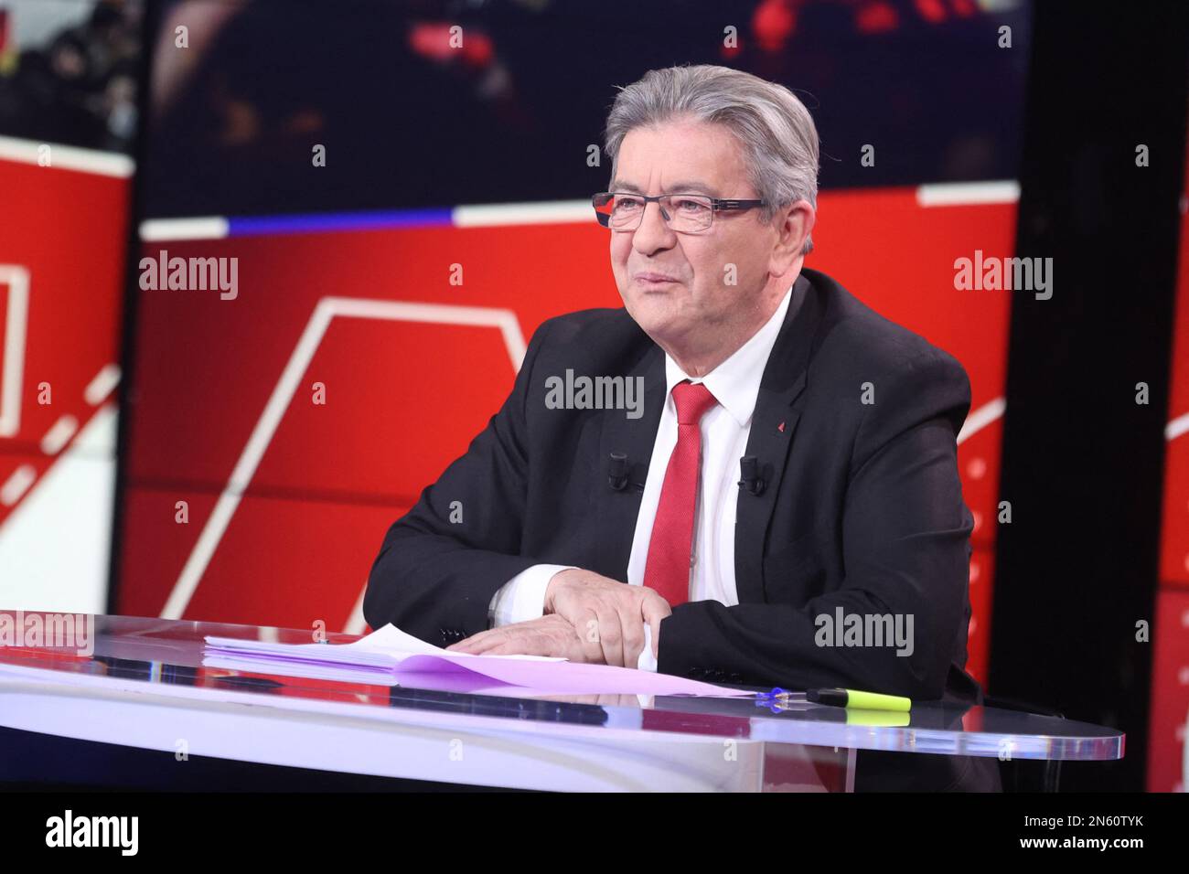 Exclusive - Jean-Luc Melanchon appears for an interview on BFM TV on February 09 2023 in Paris, France. Photo by Jerome Dominé/ABACAPRESS.COM Stock Photo