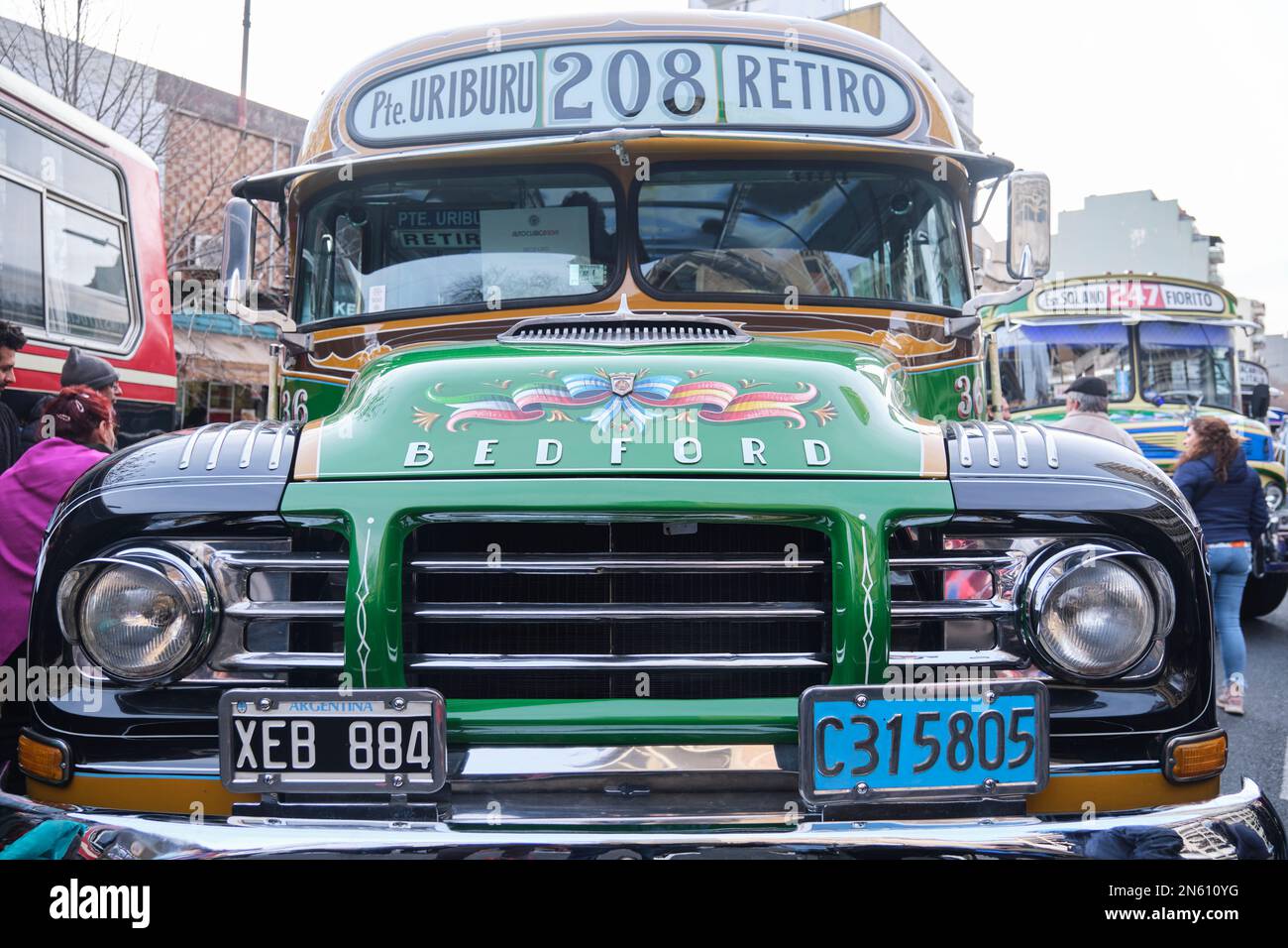 Buenos Aires, Argentina, June 20, 2022: Green Bedford Alcorta 1961 old vintage bus for public transport, line 208, painted with fileteado porteño styl Stock Photo