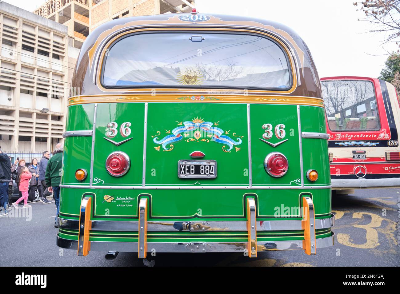 Buenos Aires, Argentina, June 20, 2022: Rear of a restored classic Belford 1961 bus hand painted by Antonio 'Cacho' Lettieri, master of fileteado port Stock Photo