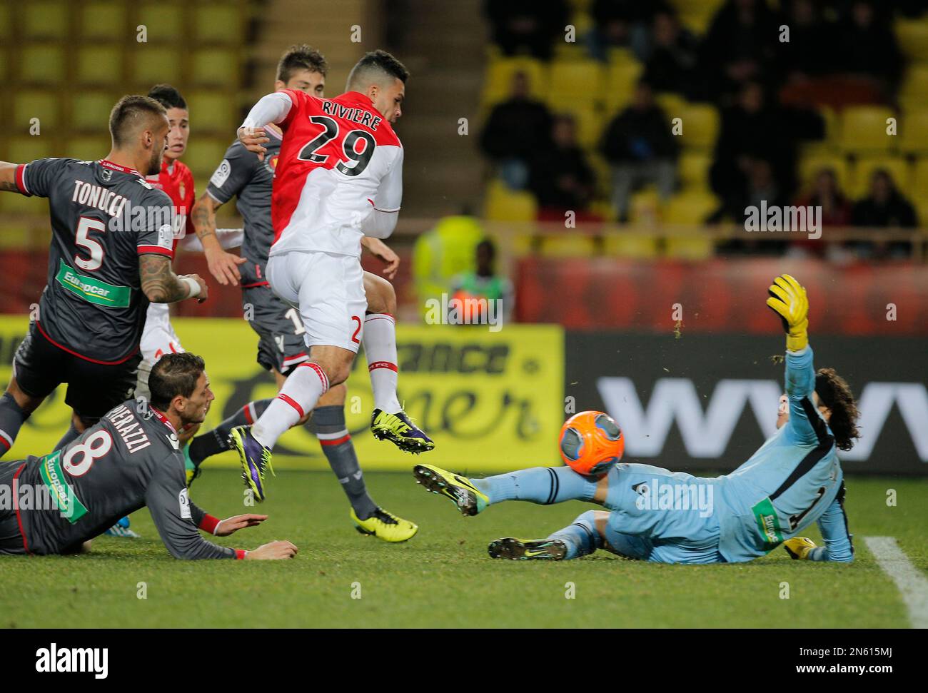 Monaco's Emmanuel Riviere of France tries to scores in front of Ajaccio ...