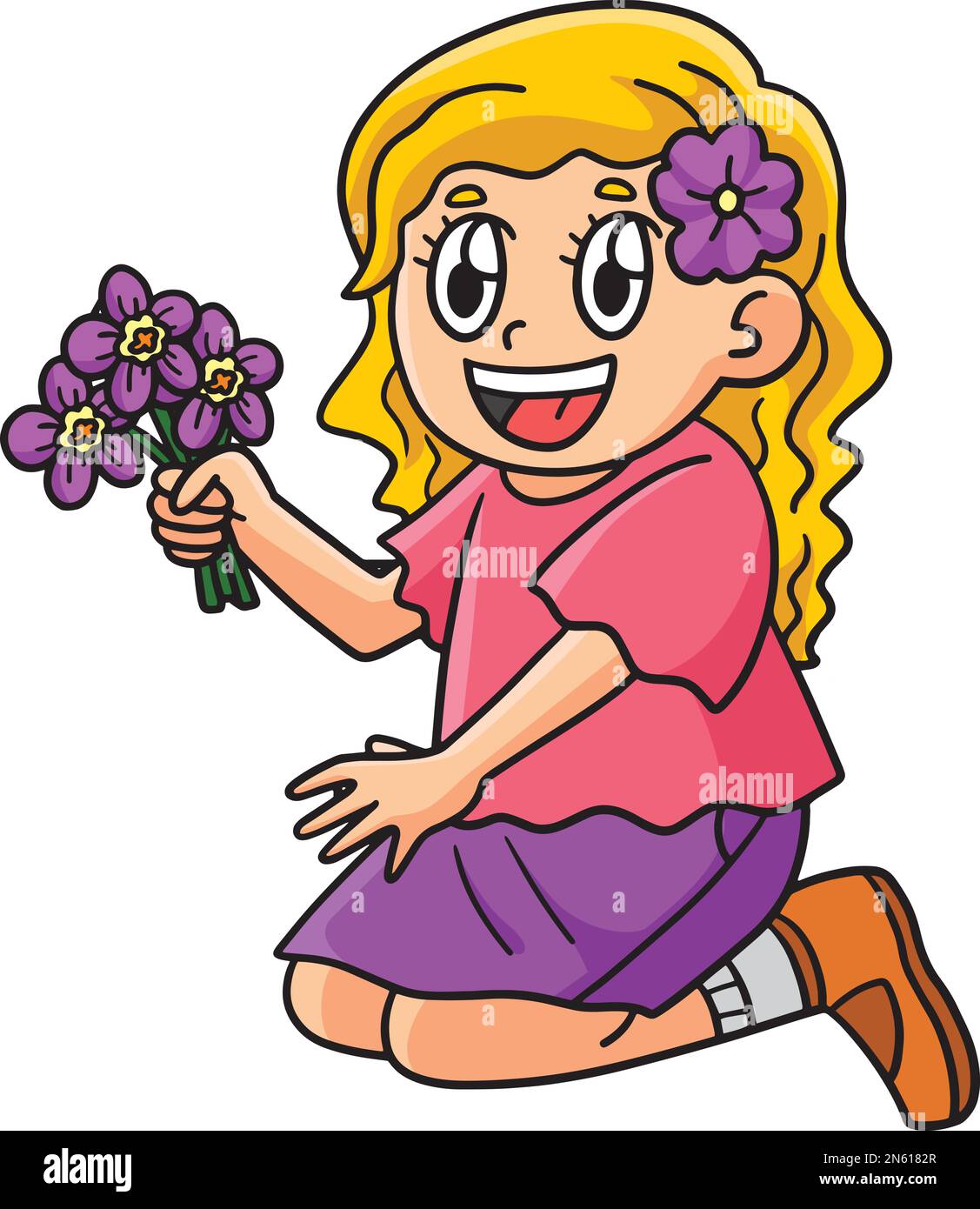 Spring Girl Picking Flowers Cartoon Clipart Stock Vector