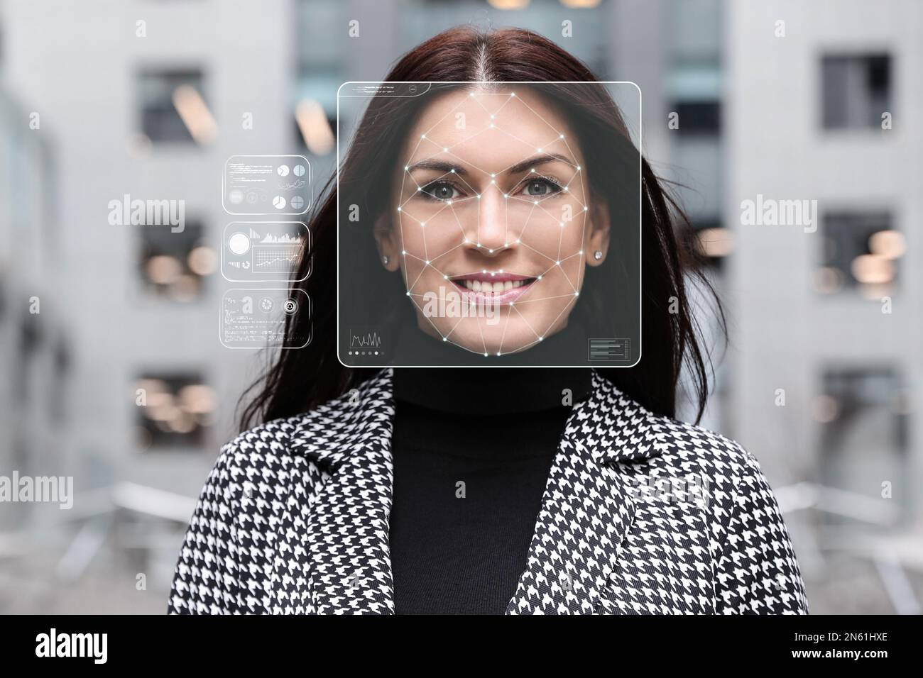 Facial recognition system. Woman with scanner frame and digital ...