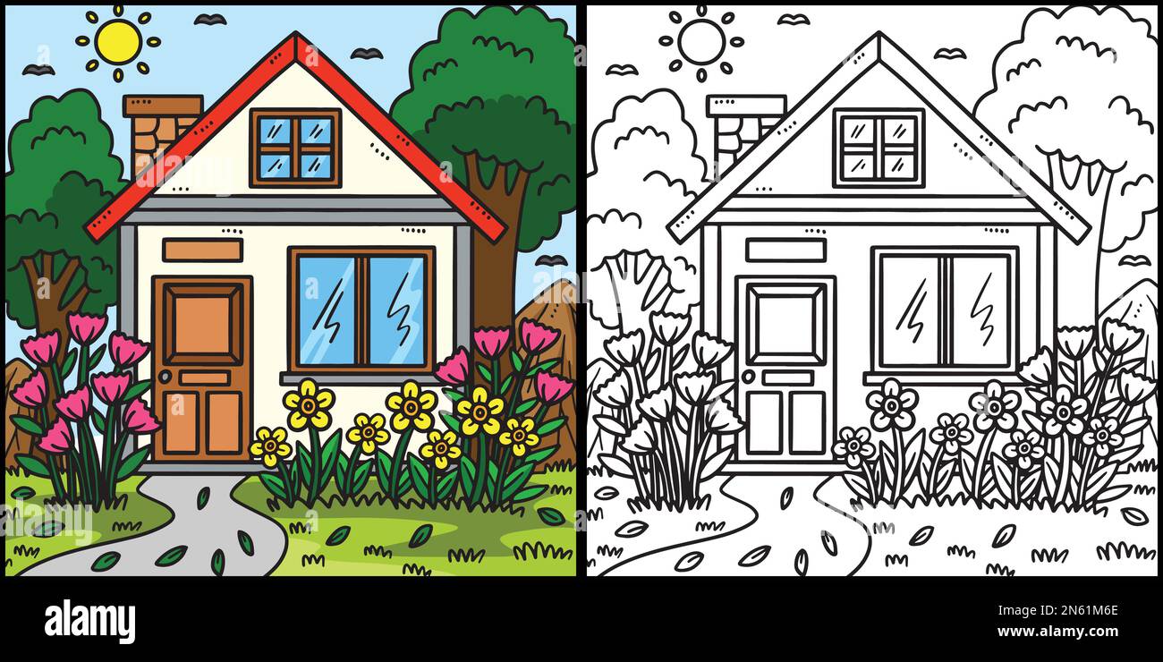 Spring House With Garden Coloring Illustration Stock Vector Image & Art ...