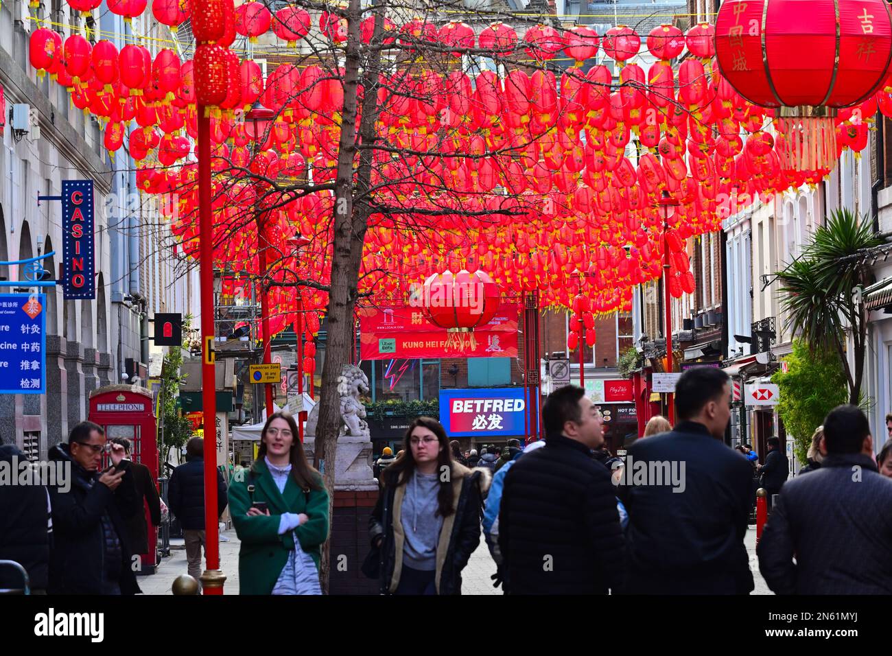 Westminster, London, UK, February 9 2023. Chinese red lanterns in