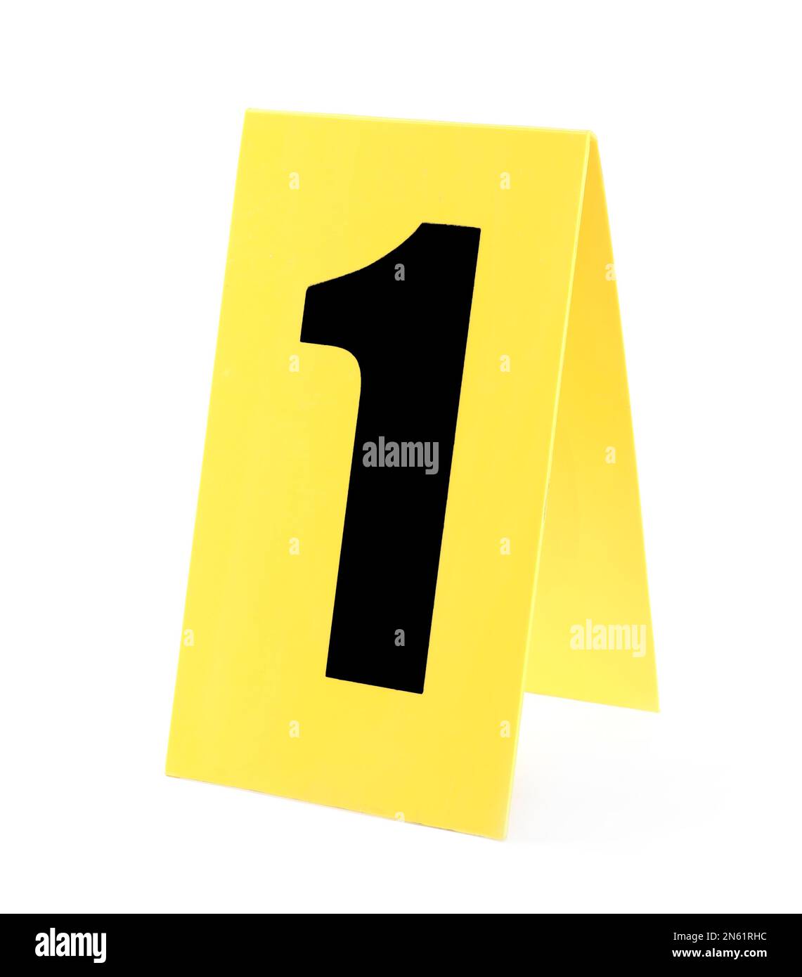 Yellow crime scene marker with number one on white background Stock Photo