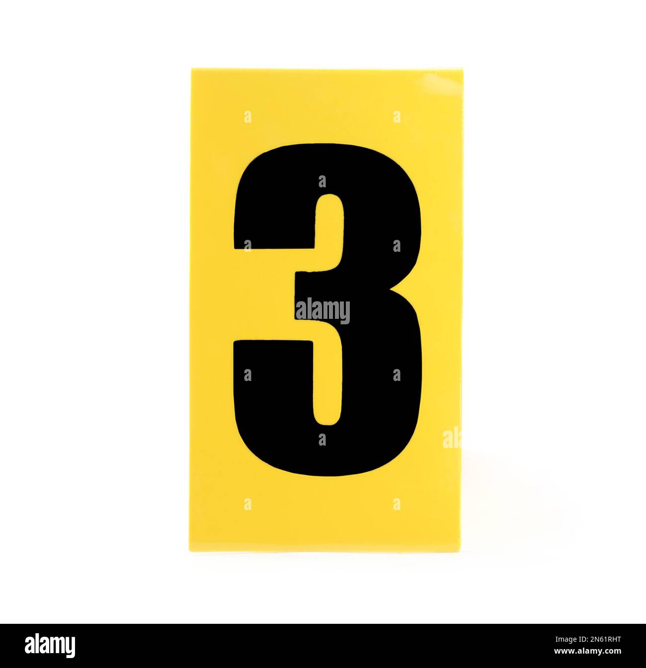 Yellow crime scene marker with number three on white background Stock Photo