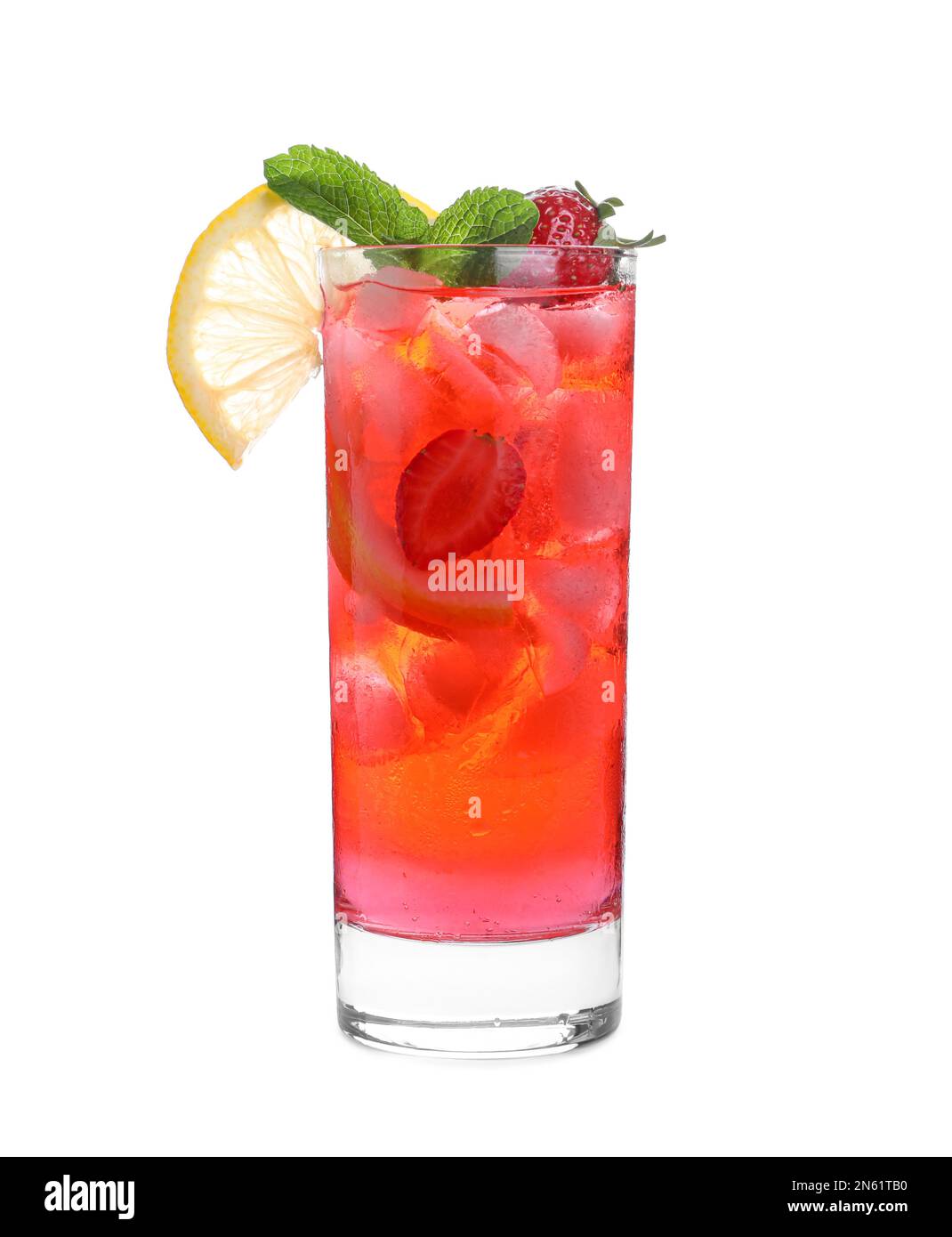 Delicious strawberry lemonade made with soda water isolated on white