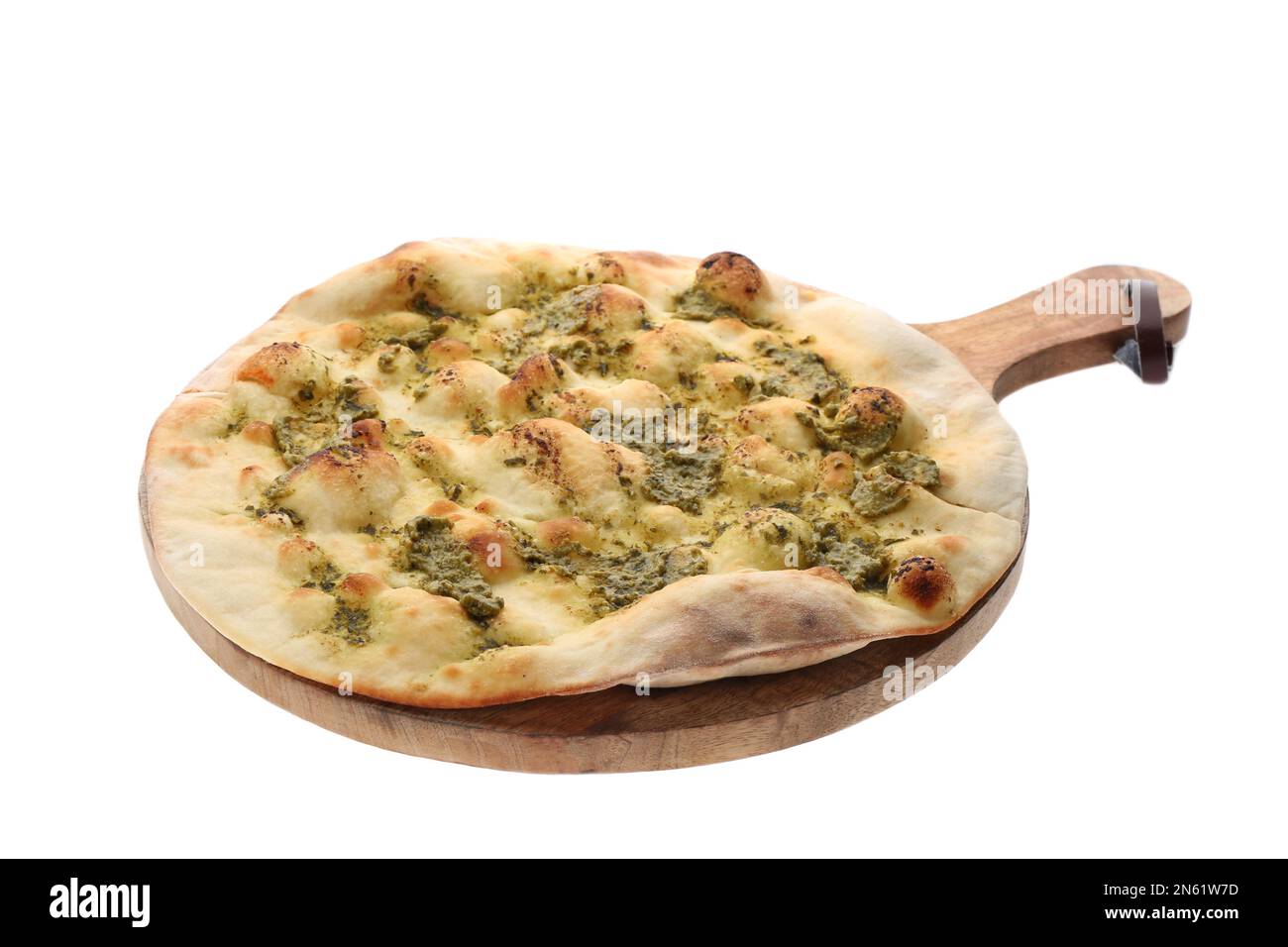 Traditional Italian focaccia bread with pesto isolated on white Stock