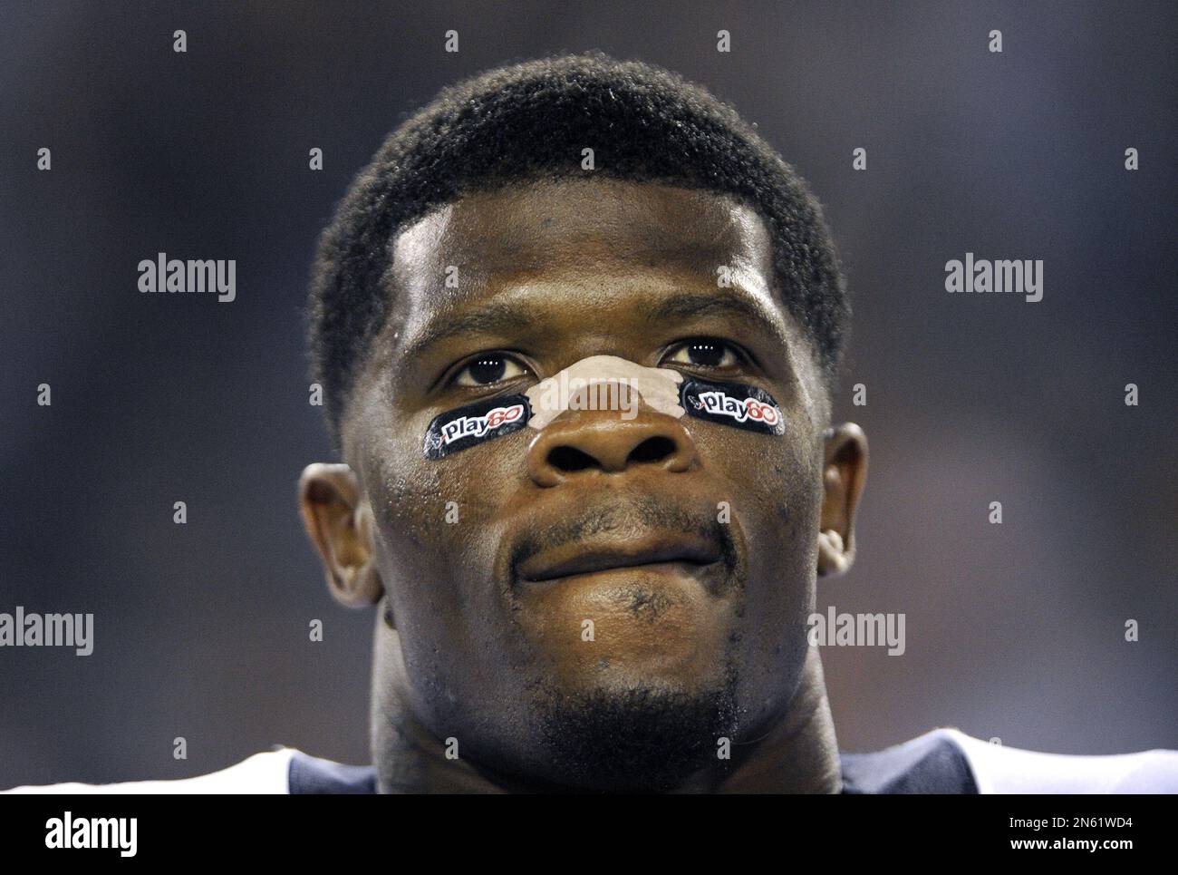 Houston Texans wide receiver Andre Johnson wears Play 60 eyeblack  stickers before an NFL football game against the Jacksonville Jaguars  Thursday, Dec. 5, 2013, in Jacksonville, Fla. (AP Photo/Stephen Morton  Stock Photo 