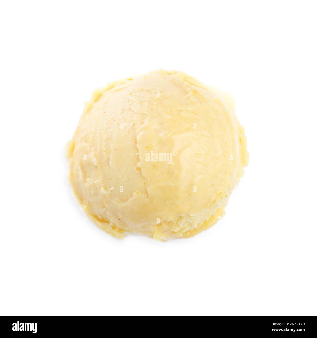 Scoop of delicious yellow ice cream isolated on white, top view Stock Photo