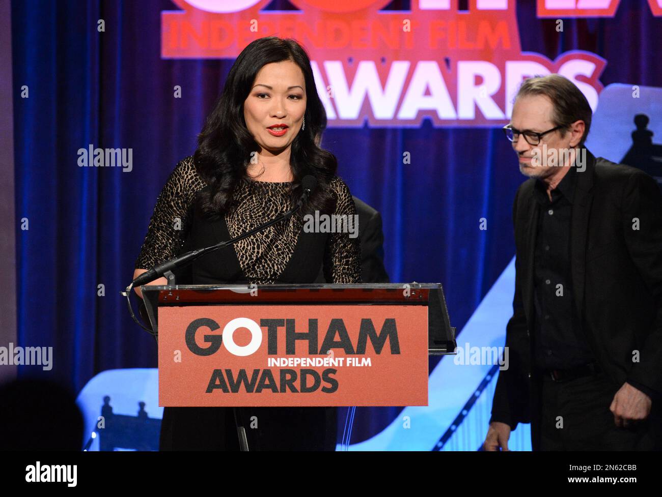 Actor James Gandolfini's widow Deborah Lin speaks after a tribute to