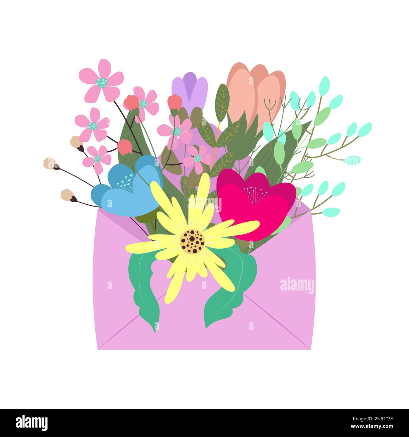 Bouquet of spring flowers inside the envelope. Flat design. Vector ...