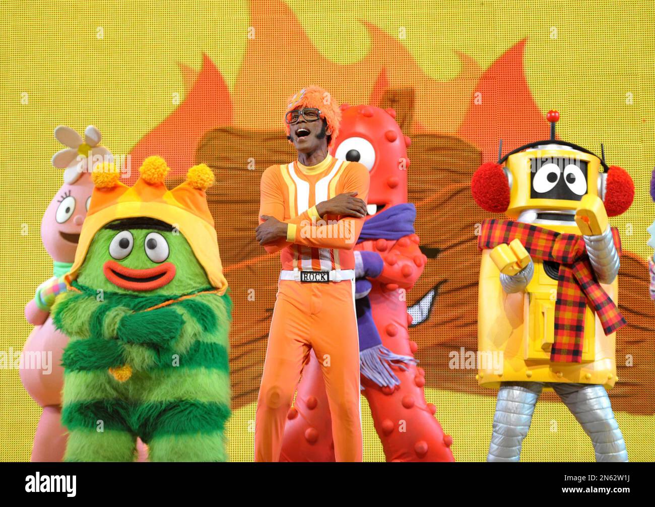 DJ Lance Rock, center, is seen with Foofa, Brobee, Muno, and Plex at A Very  Awesome Yo Gabba Gabba! Live! Holiday Show, on Saturday, Nov. 30, 2013 at  Nokia Theater, L.A. Live