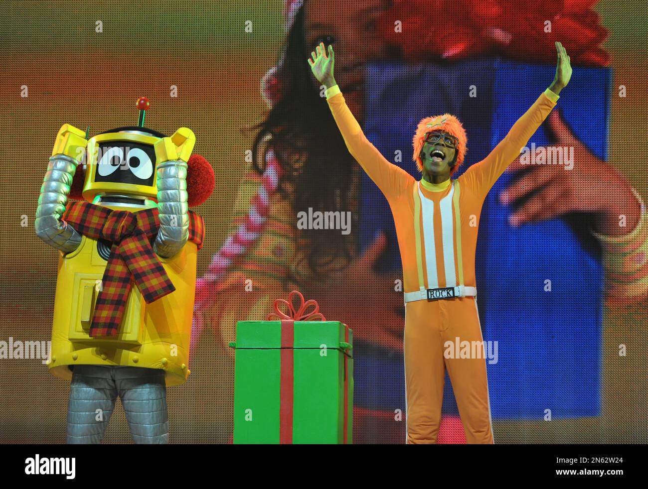DJ Lance Rock, right, is seen with Plex at A Very Awesome Yo Gabba Gabba!  Live! Holiday Show, on Saturday, Nov. 30, 2013 at Nokia Theater, L.A. Live  in Los Angeles. (Photo