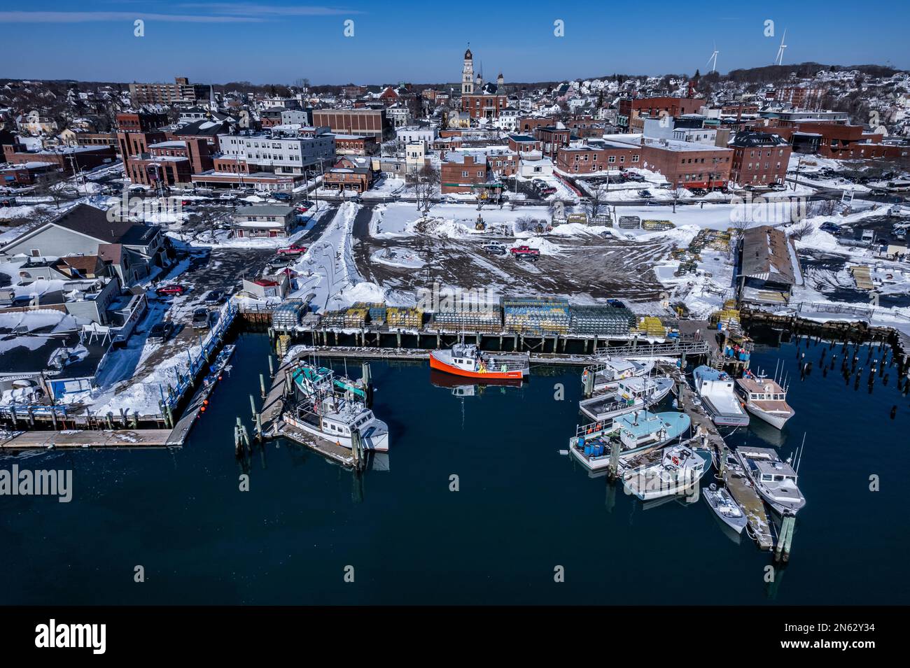 Aerial view of Gloucester, Massachusetts in winter Stock Photo