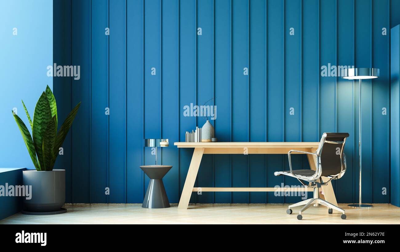 luxury Blue wall home office, working room 3D rendering Stock Photo