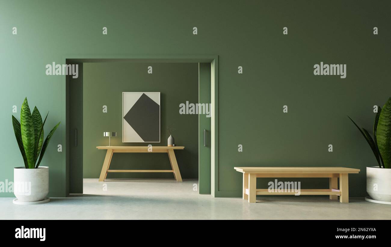 Green wall foyer hallway and lobby 3D rendering Stock Photo Alamy