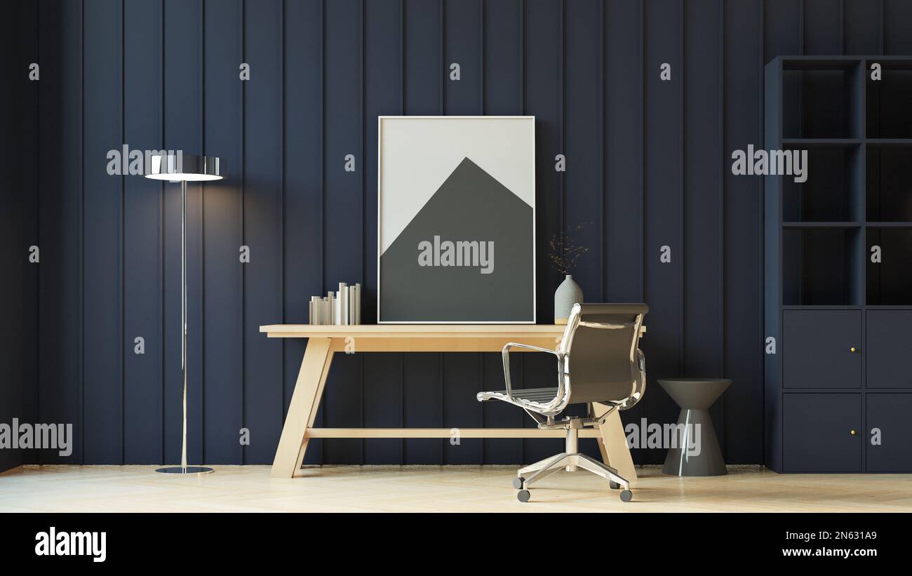 luxury Blue wall home office, working room 3D rendering Stock Photo