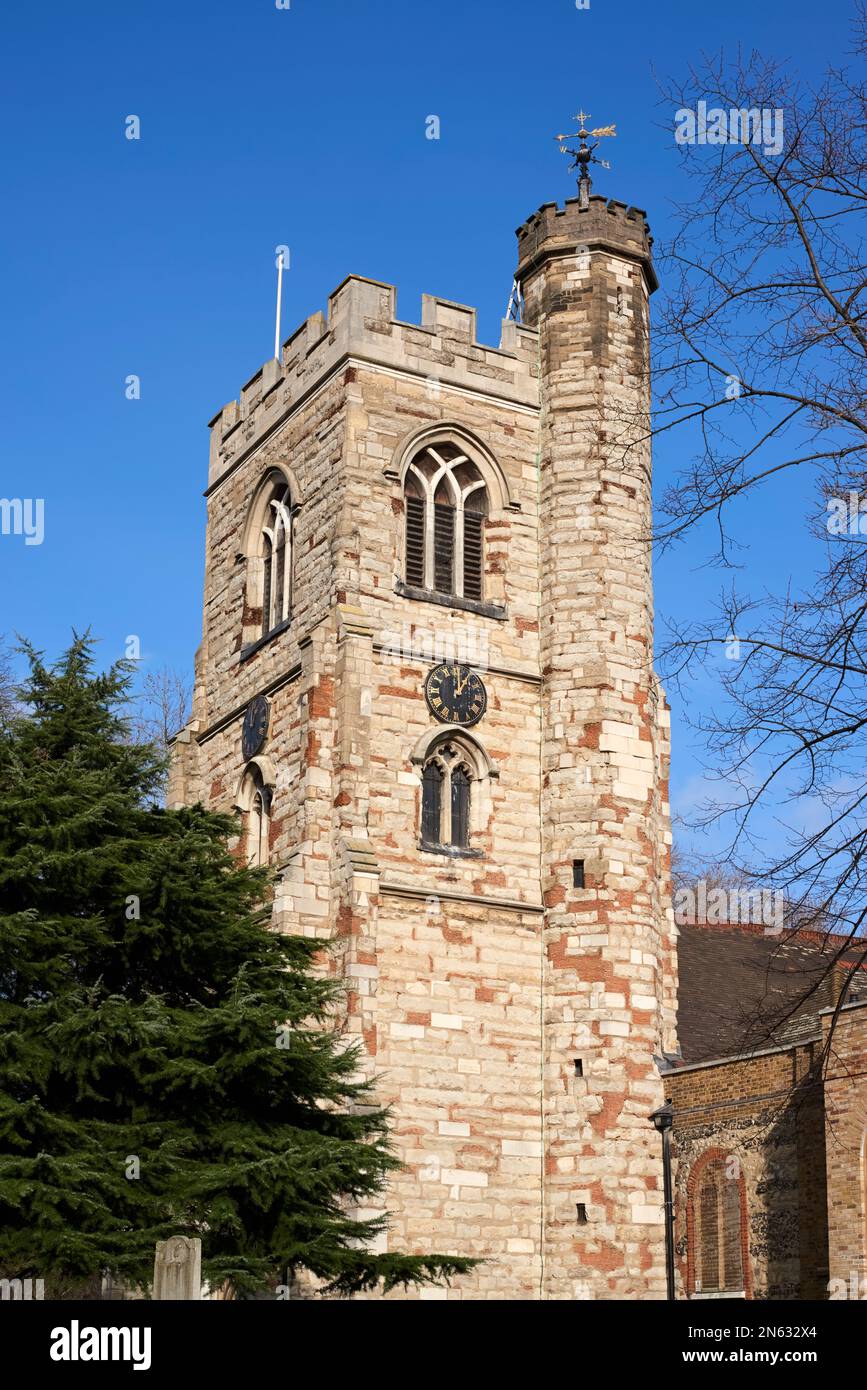 The restored tower of All Saints church, West Ham, East London UK, originally dating from around 1400 Stock Photo
