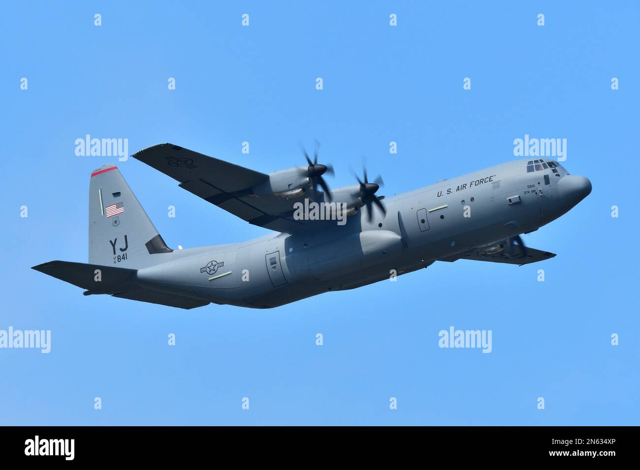 Tokyo, Japan - July 16, 2018: United States Air Force Lockheed Martin C-130J-30 Super Hercules transport aircraft. Stock Photo