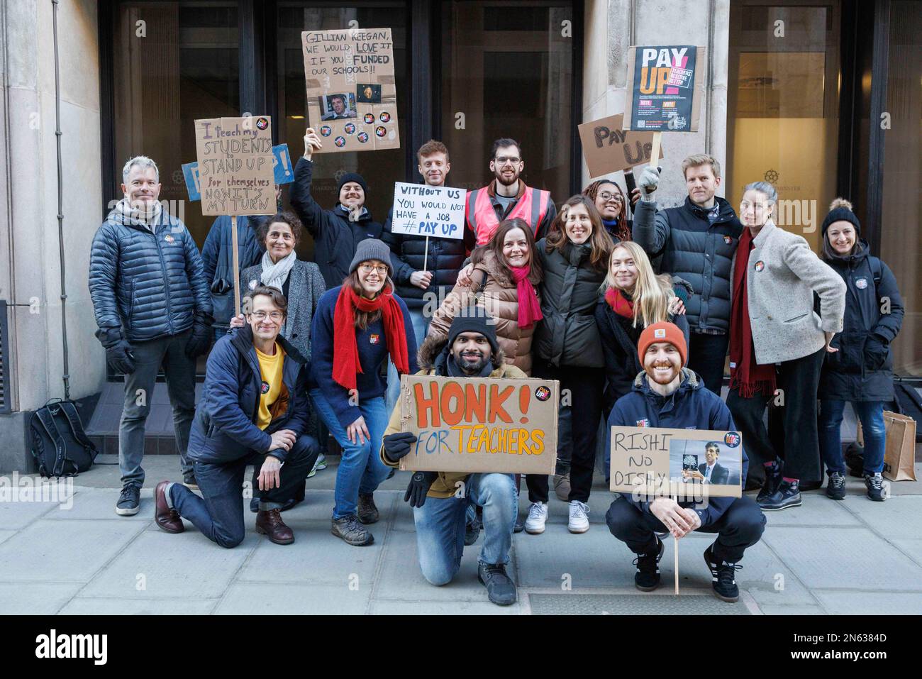 Members of the National Education Union (NEU) representing the teaching profession sets up a picket line in Westminster this morning.   Image shot on Stock Photo