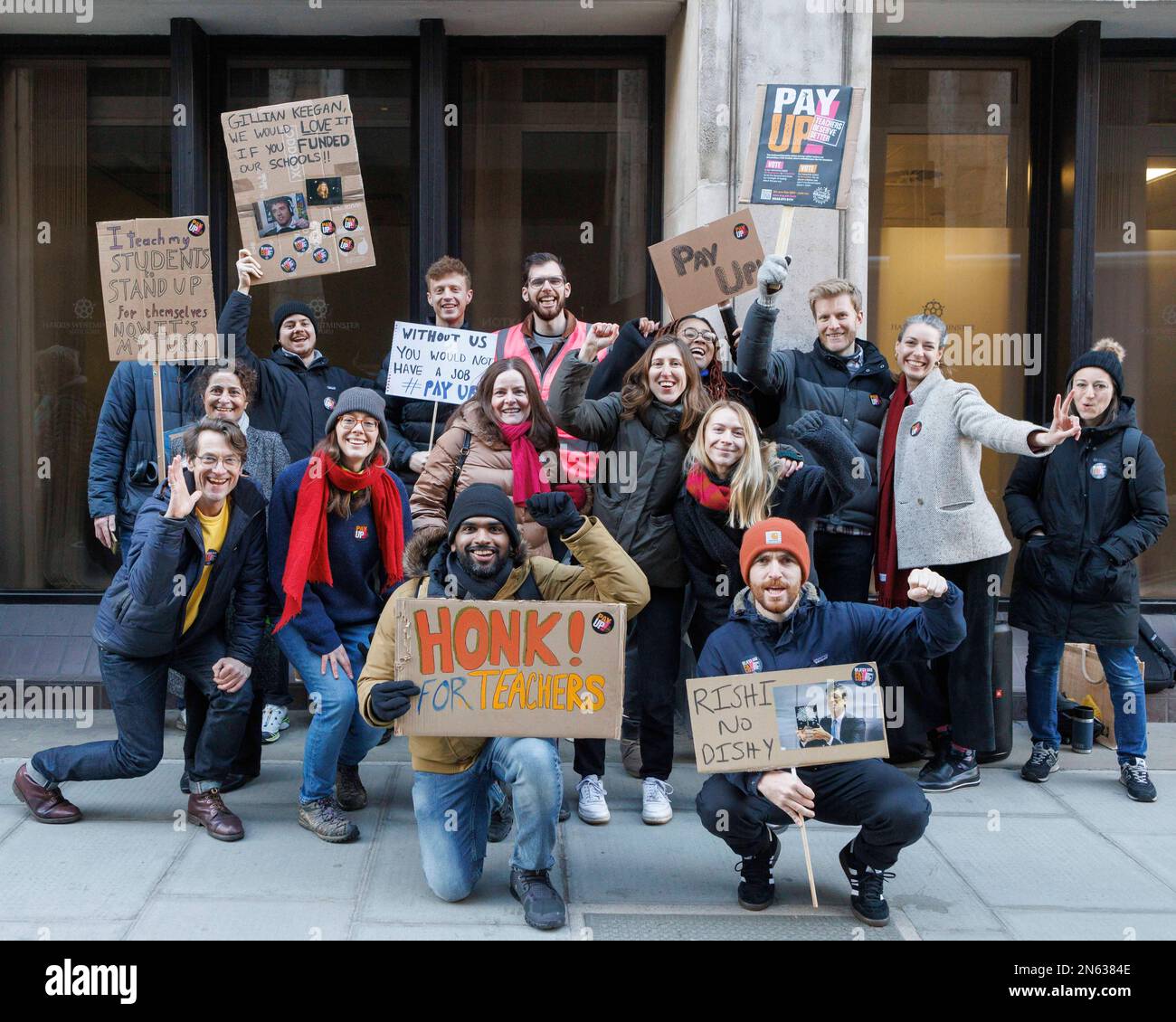 Members of the National Education Union (NEU) representing the teaching profession sets up a picket line in Westminster this morning.   Image shot on Stock Photo