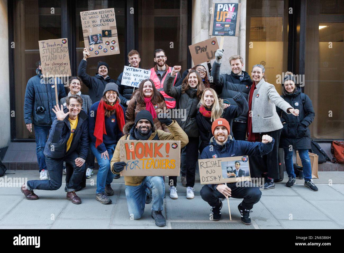 Members of the National Education Union (NEU) representing the teaching profession sets up a picket line in Westminster this morning.   Image shot on Stock Photo