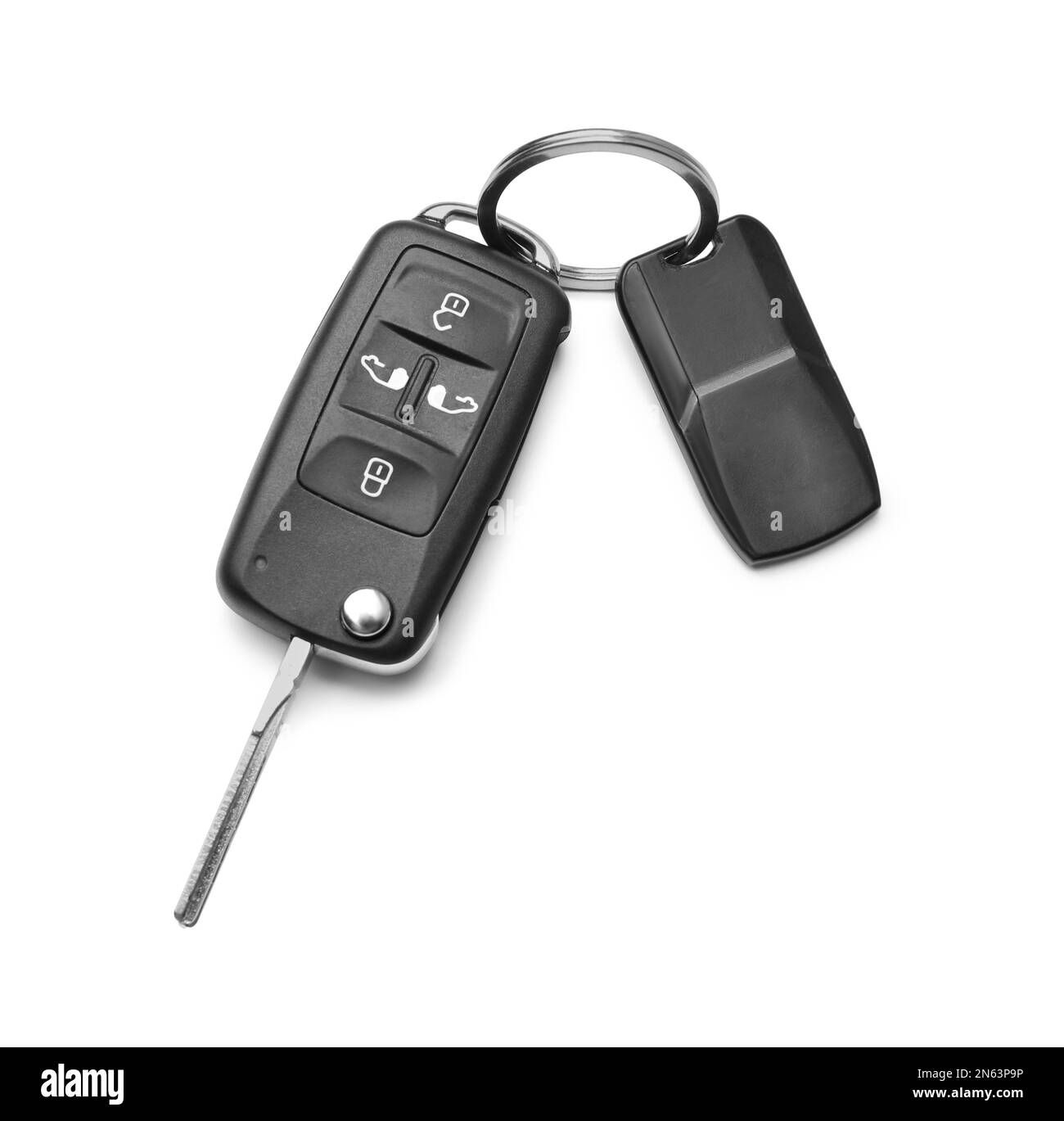 Modern car flip key with trinket isolated on white, top view Stock