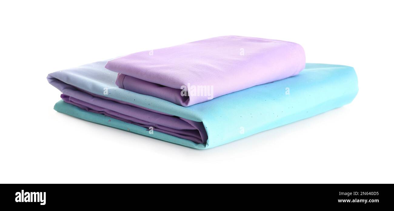 Stack of clean bed sheets isolated on white Stock Photo Alamy