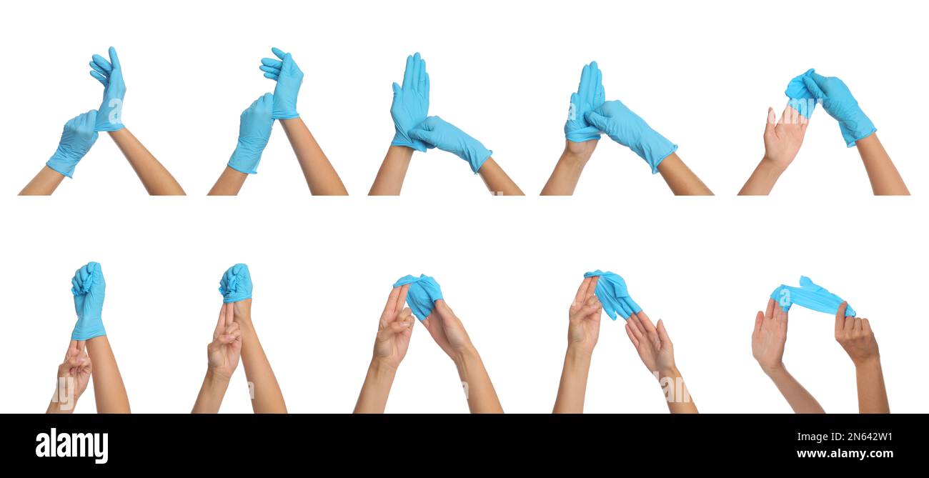 Right way to take off medical gloves, banner design. Collage with
