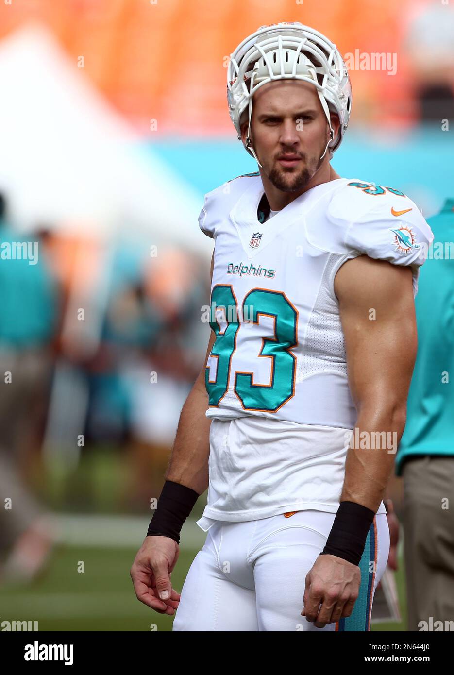 Miami Dolphins outside linebacker Jason Trusnik (93) watches the