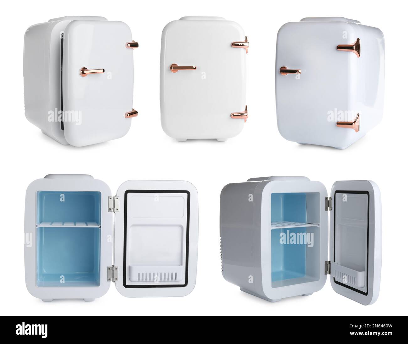 Set with mini refrigerators for cosmetics on white background Stock Photo