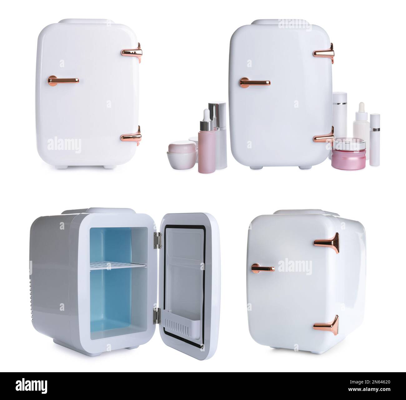 Set with mini refrigerators for cosmetics on white background Stock Photo
