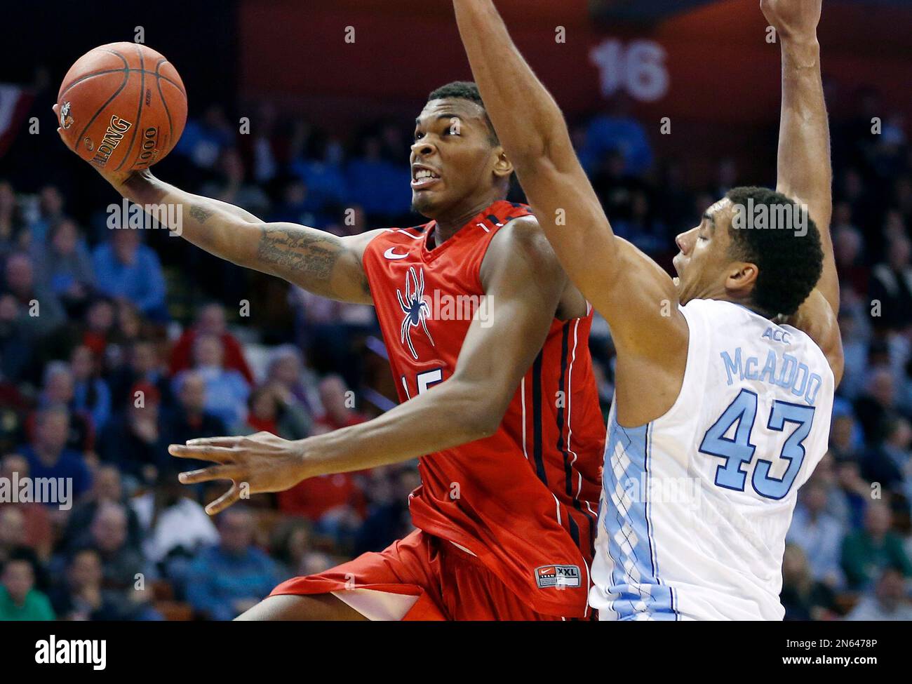 Richmond's Terry Allen (15) goes up to shoot against North Carolina's James  Michael McAdoo (43) during the second half of an NCAA college basketball  game in the semifinal round of the Basketball