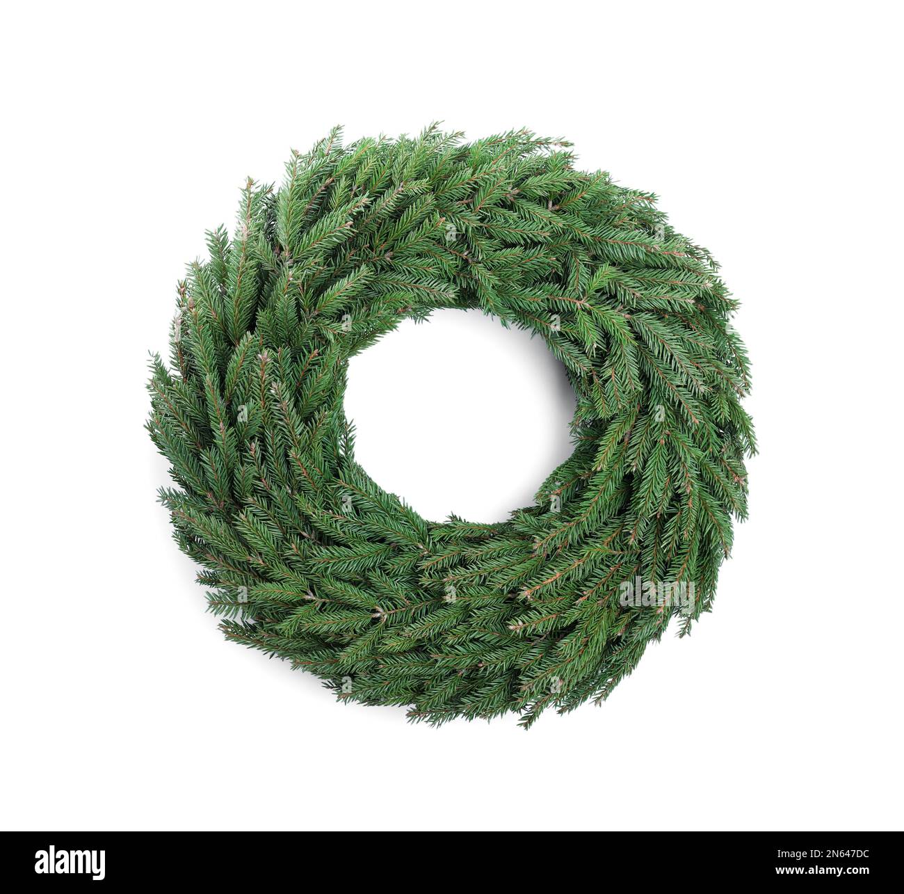 Christmas wreath made of fir branches on white background, top view ...