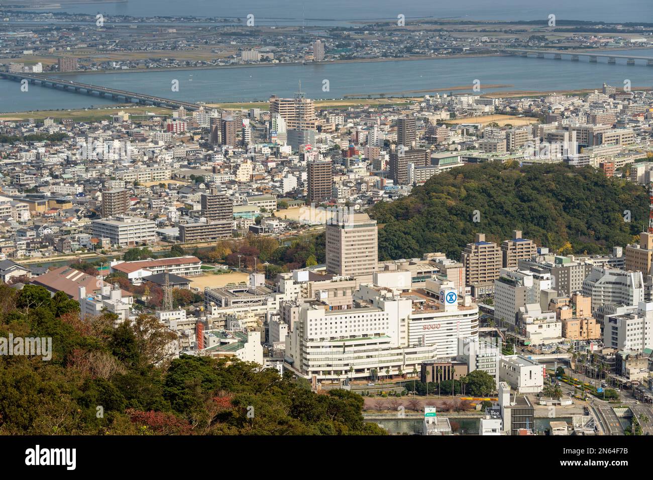 Tokushima downtown, Inoyama Hill, Yoshino River, from Mount Bizan, Shikoku Island, Japan Stock Photo